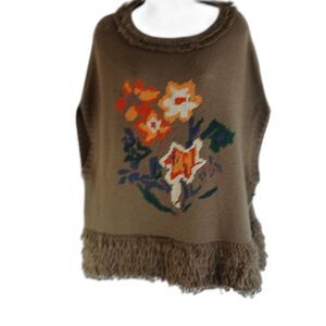 Lulumari Sweater Vest Floral Patrern Fringe Brown Sz M Work Wear Casual Festive